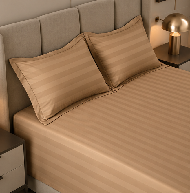 Cotton Sateen Stripe Bed Sheet Set - Camel