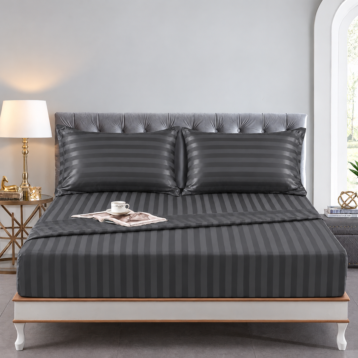 Cotton Sateen Stripe Fitted Sheet 3 Pcs - Grey