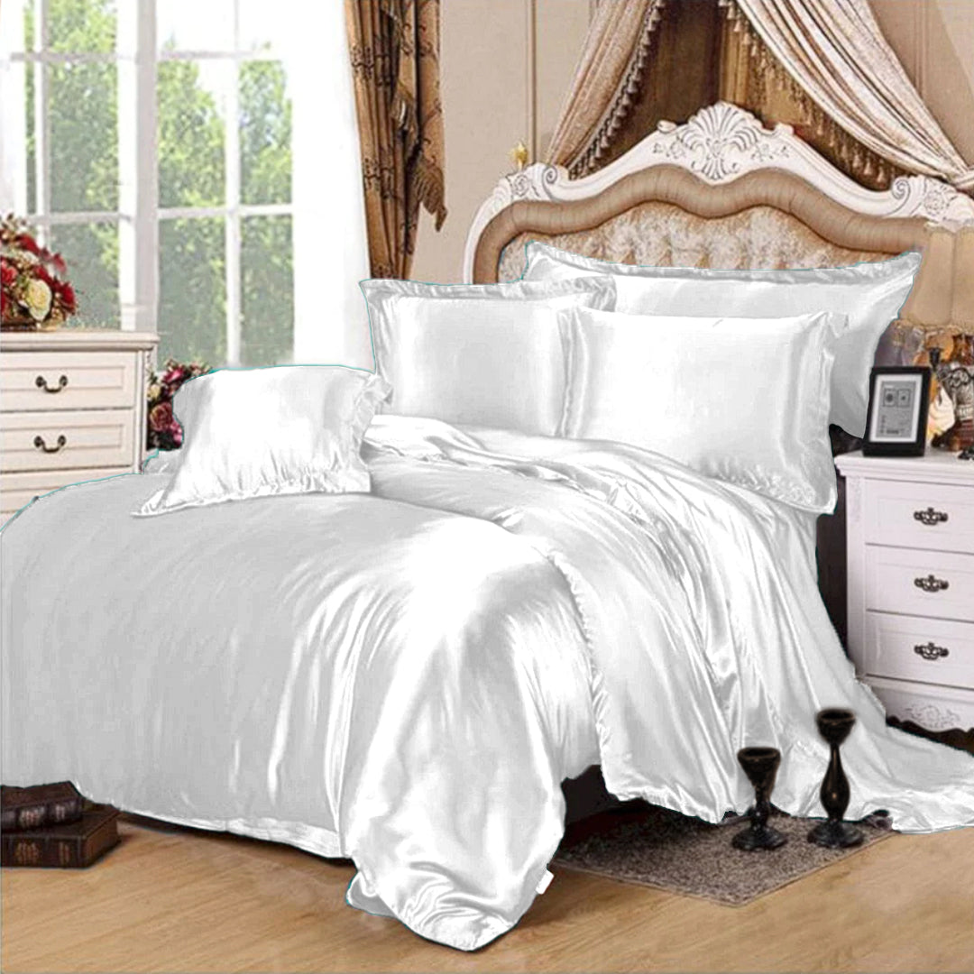 4 pcs satin silk bed set white
