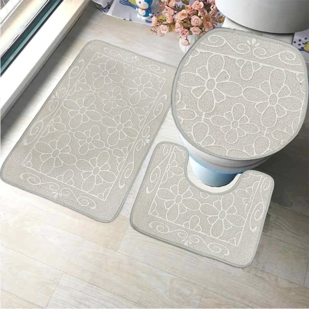 3 pcs bath matt set grey floral bath mat set.