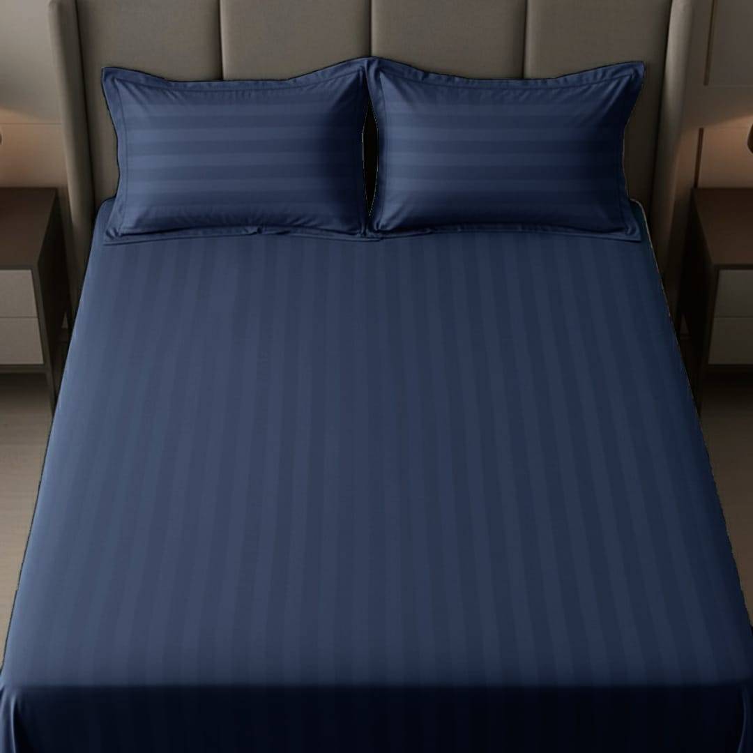Cotton Sateen Stripe Bed Sheet 3 Pcs Navy Blue