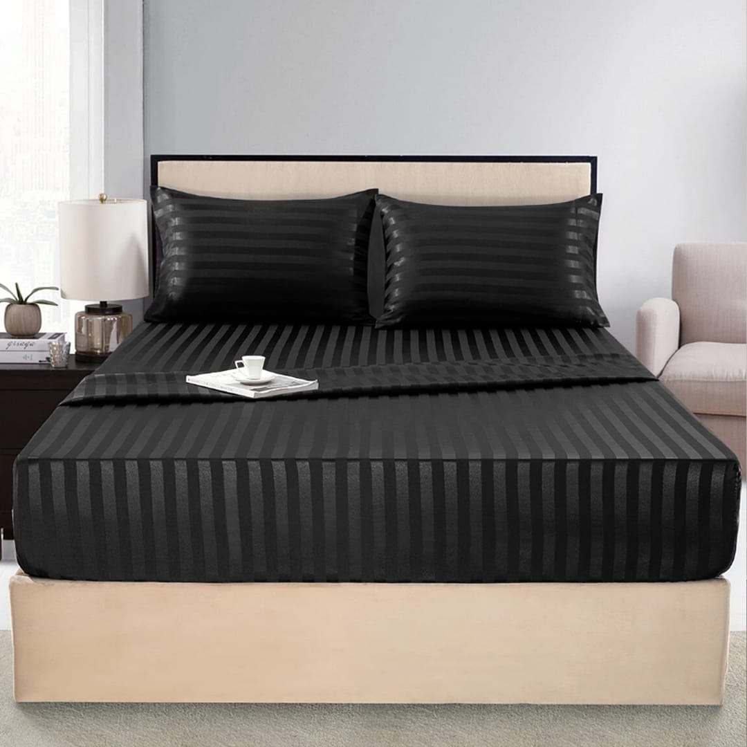 Cotton Sateen Stripe Fitted Sheet 3 Pcs Black