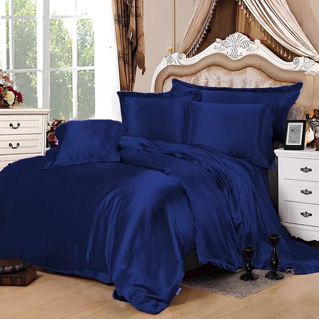 satin silk duvet bed set navy blue duvet cover set.