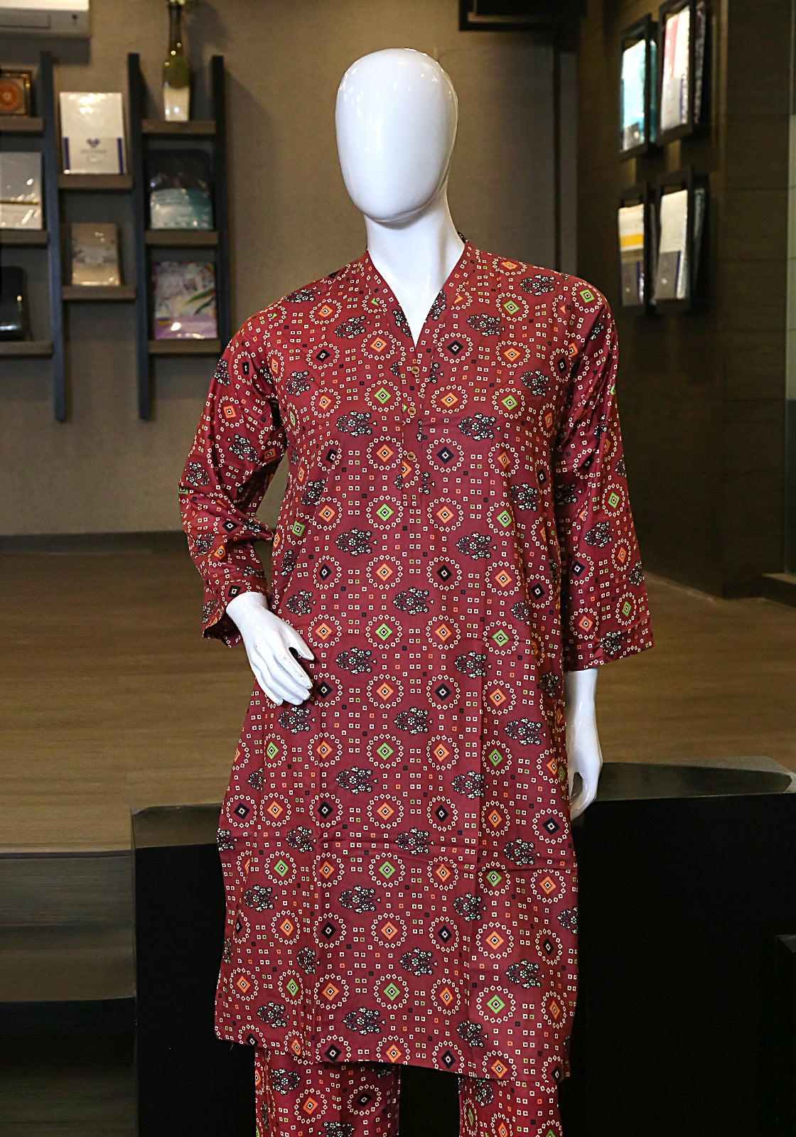 2 piece printed lawn suit mahogany suit.