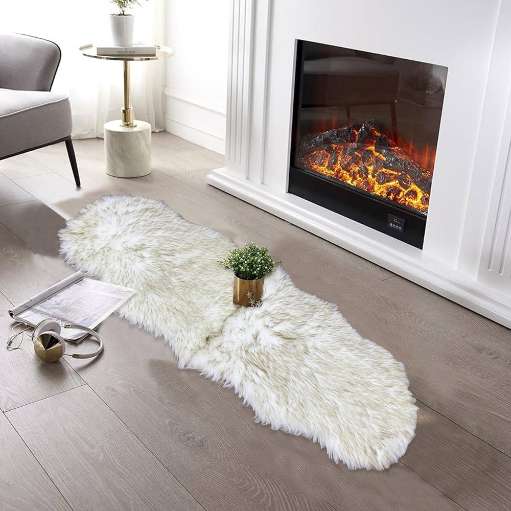 rectangular furry rug yellow grey