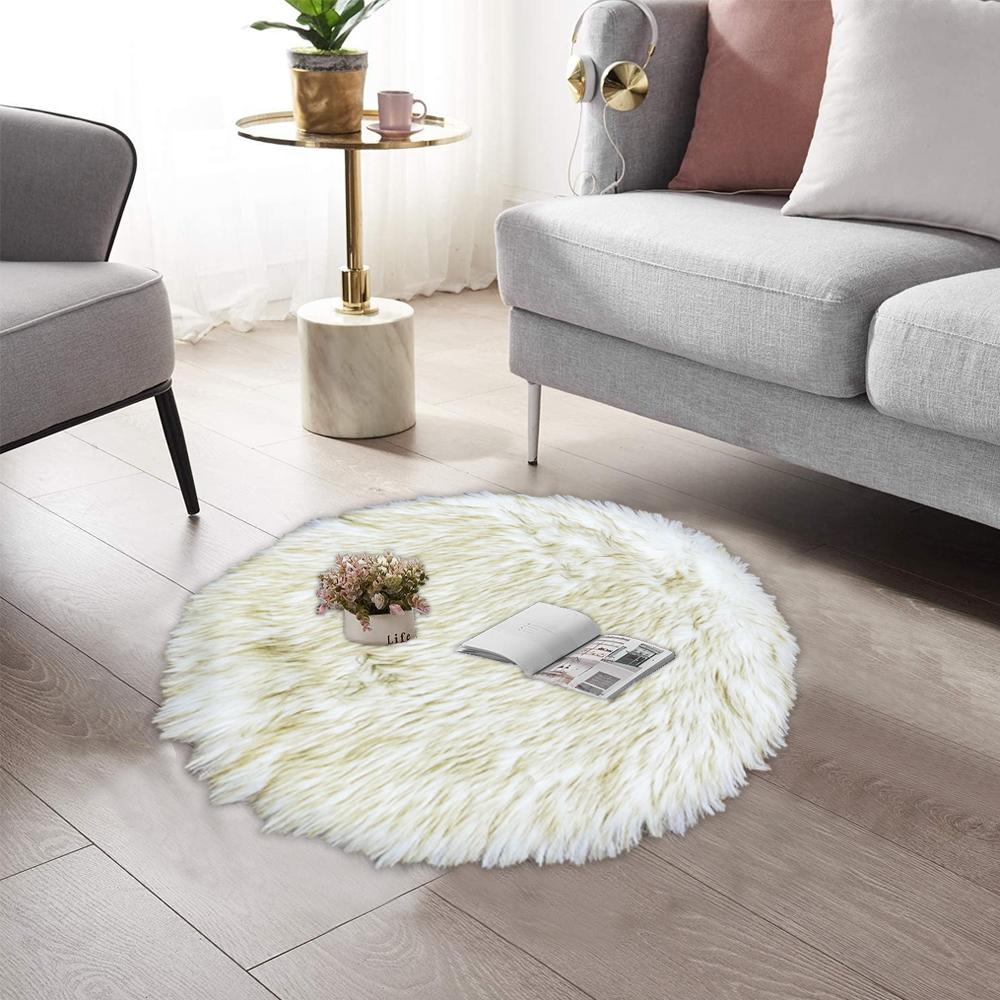 round shape furry rug 60cm white yellow 1