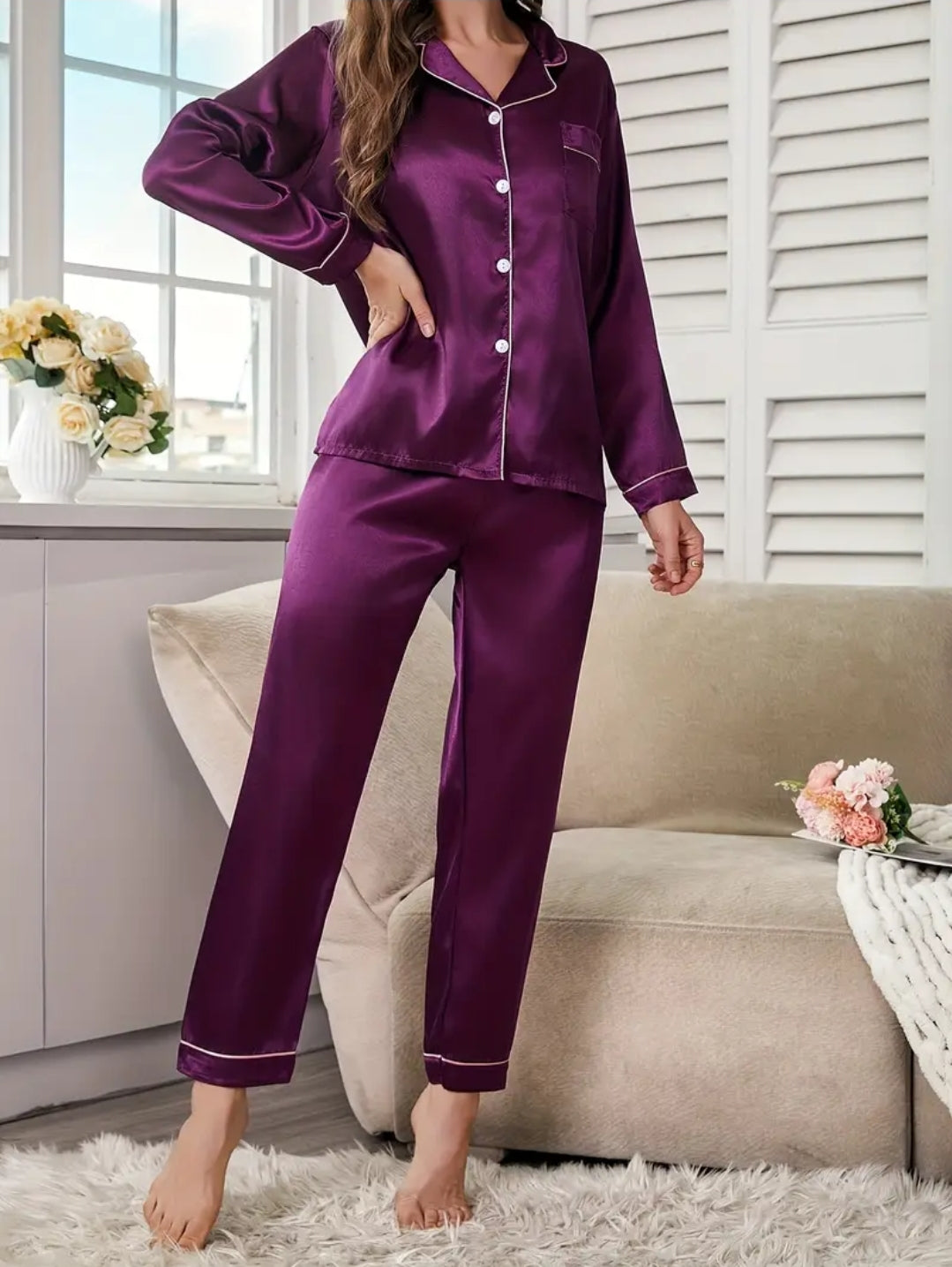 silk loungewear suit purple suit.
