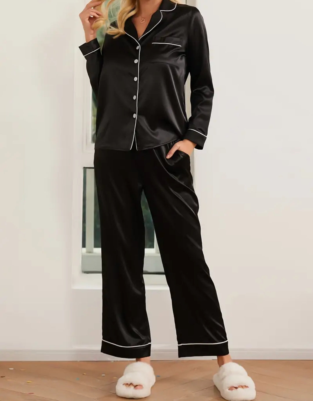 silk loungewear suit black suit.