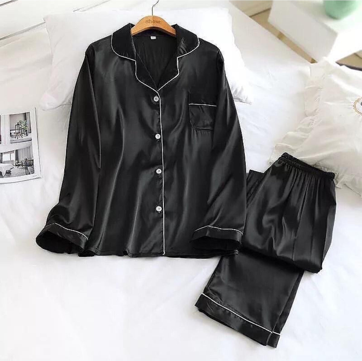 silk loungewear suit black suit.