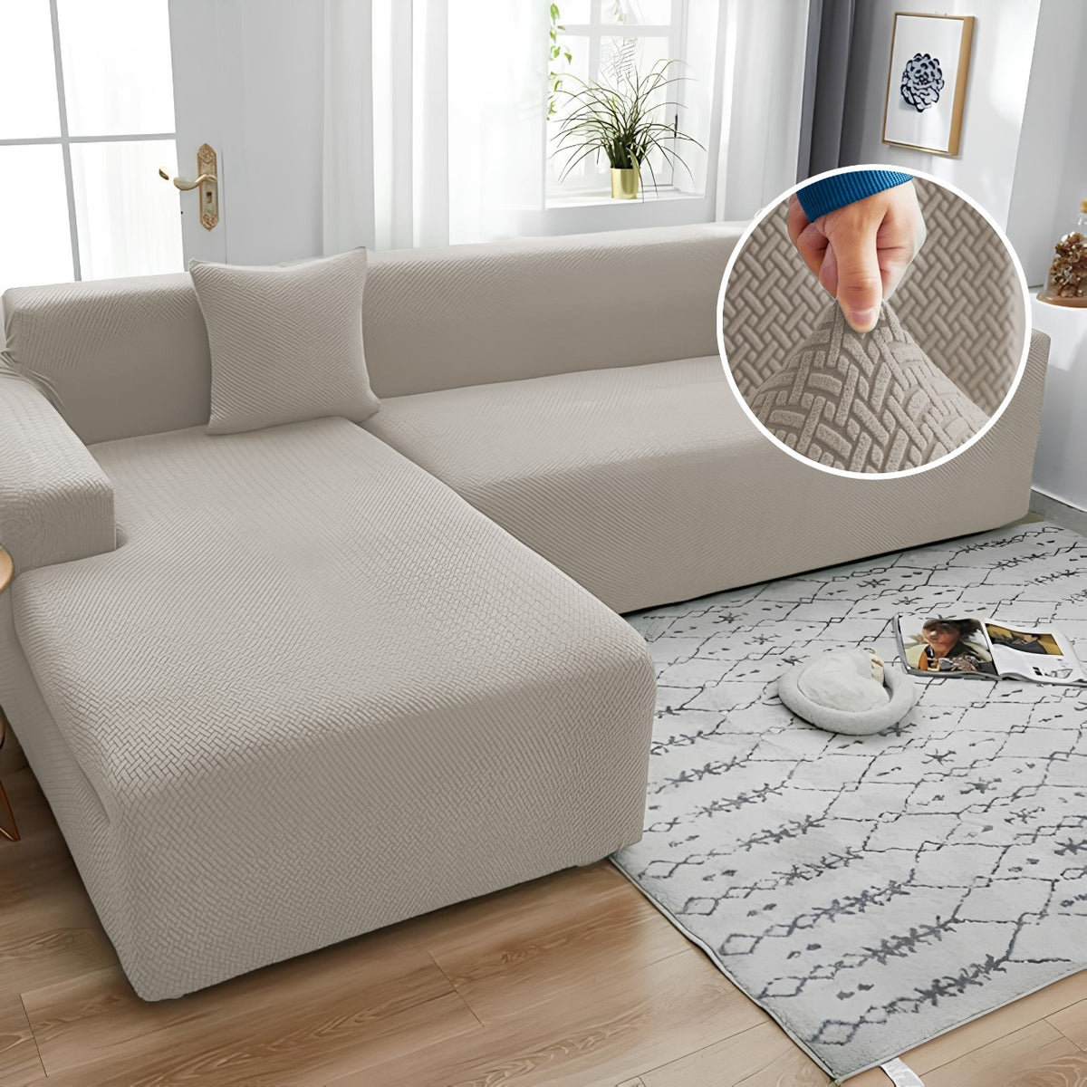Stripe Jacquard L Shape Sofa Cover Beige