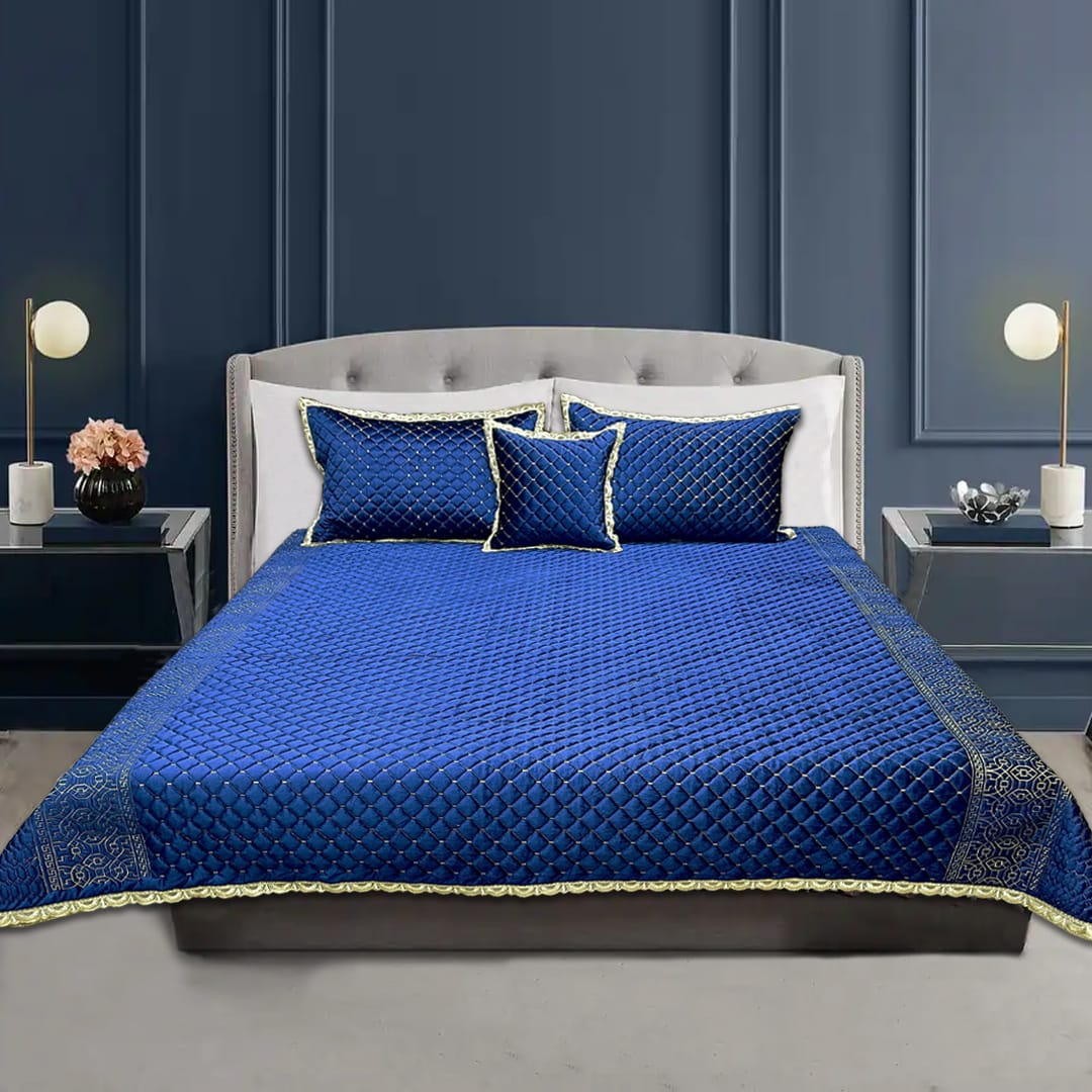 velvet heavy embroidered bed spread 4pcs blue