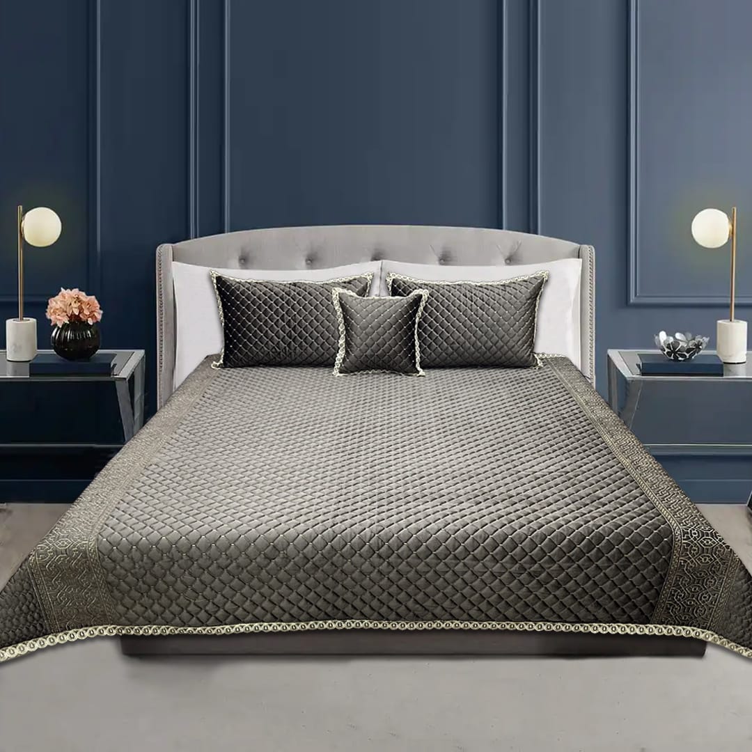velvet heavy embroidered bed spread 4pcs grey
