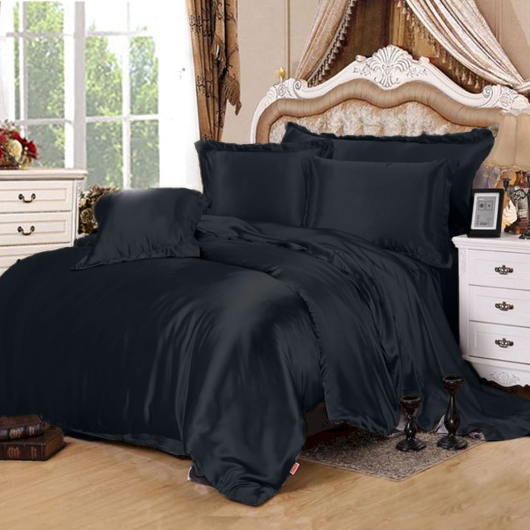 4 Pcs Satin Silk Bed Set Black
