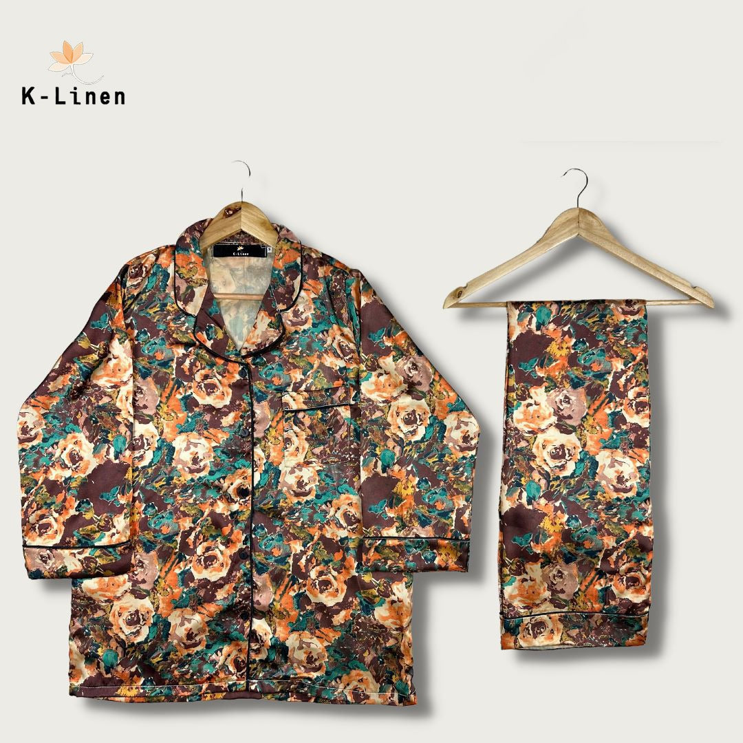 women silk loungewear suite bouquet suit.