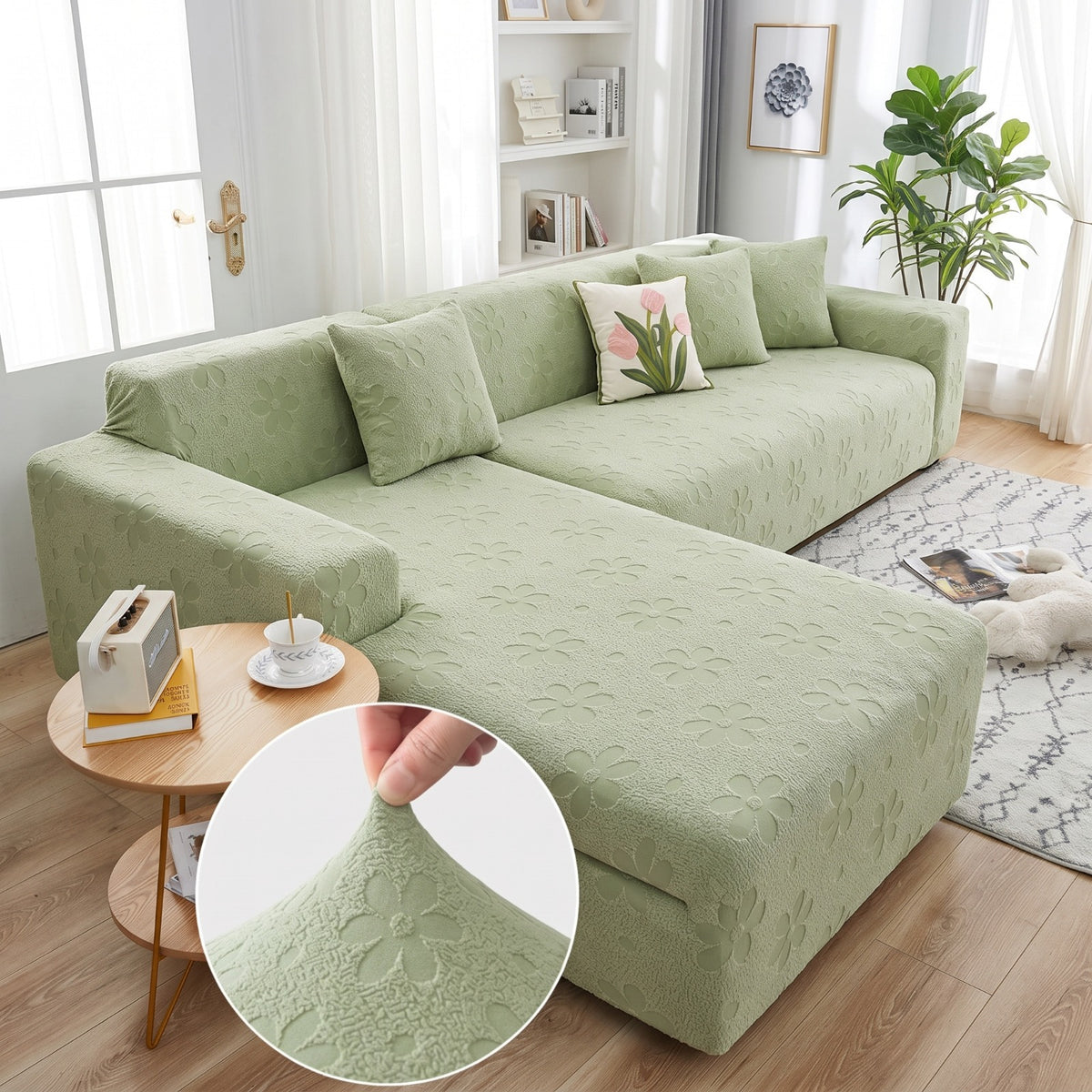 L Shape Flora Jacquard Sofa Cover - Green