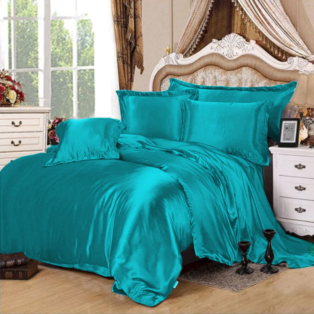4 pcs satin silk bed set aqua blue