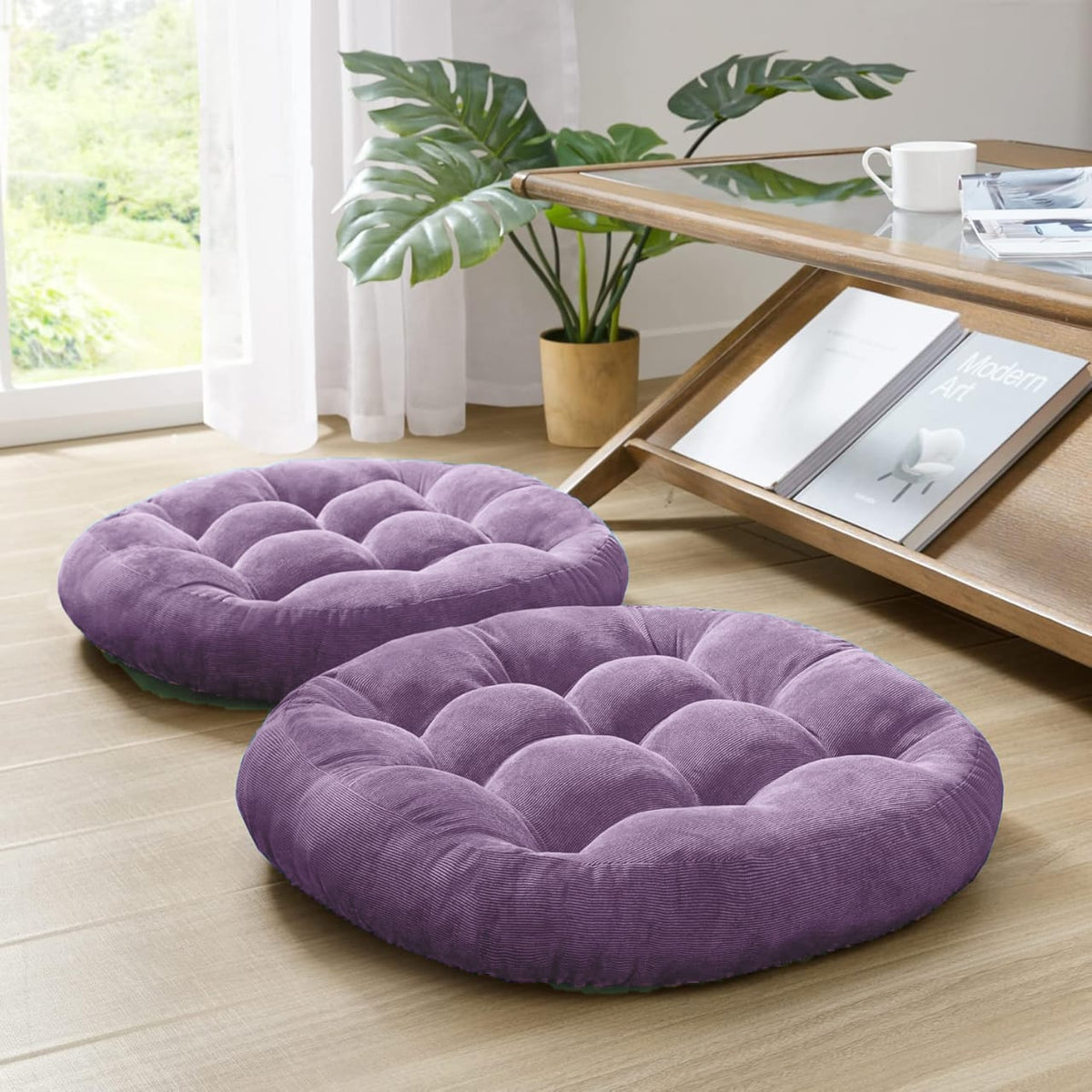 round shape velvet floor cushions pack of 2 lilac