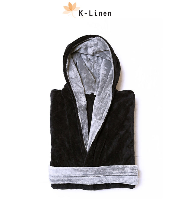 Warm Fleece Plush Bathrobe - Black & Grey