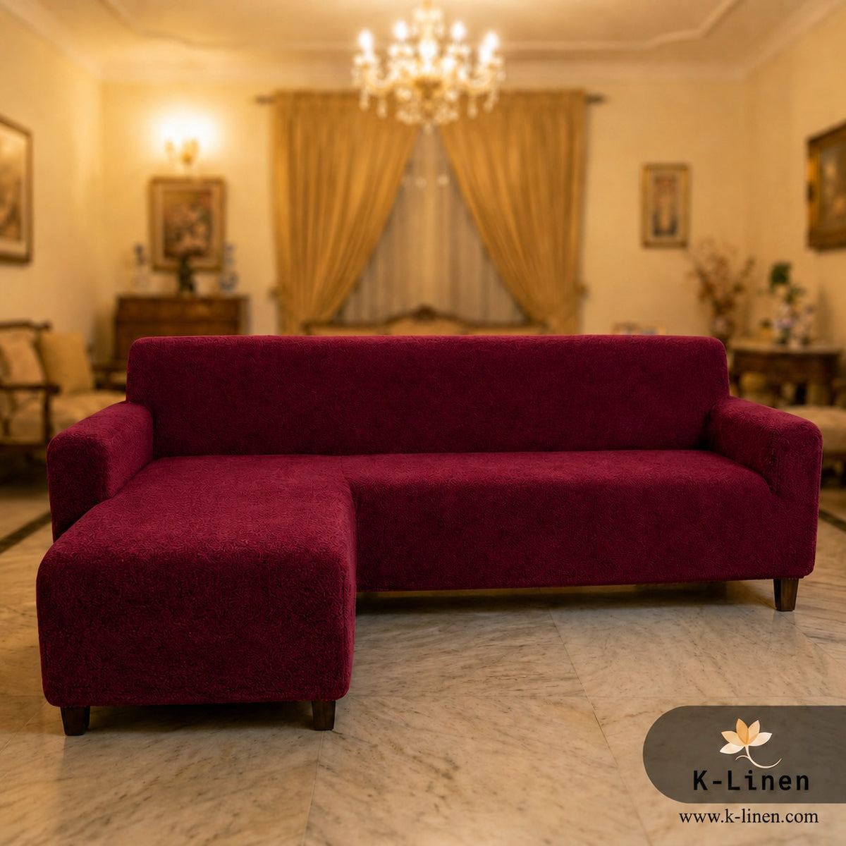Premium L Shape Velvet Terry Sofa Cover - Maroon