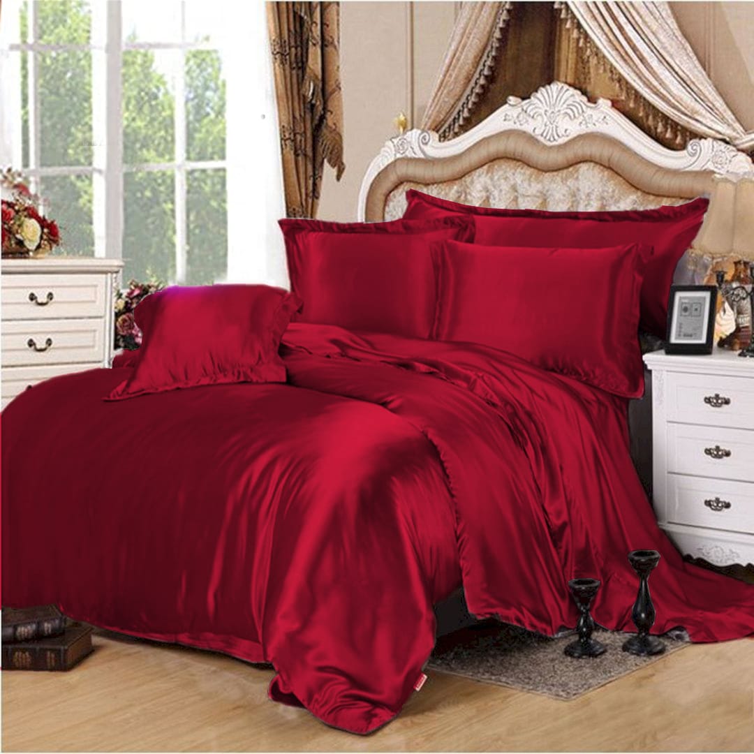 Satin Silk Duvet Bed Set Crimson Maroon