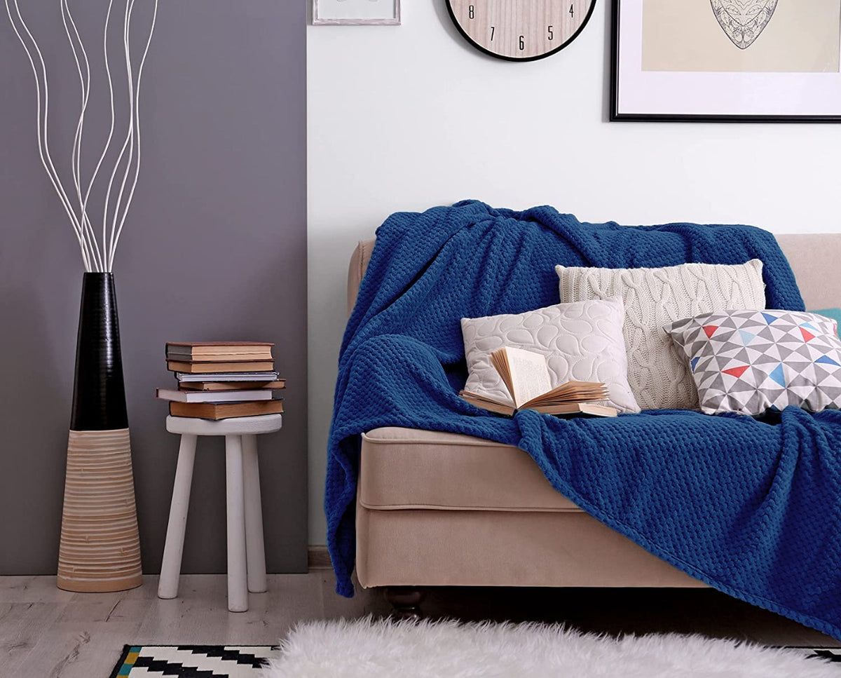 waffle fleece blanket bed spread navy blue copy blanket.