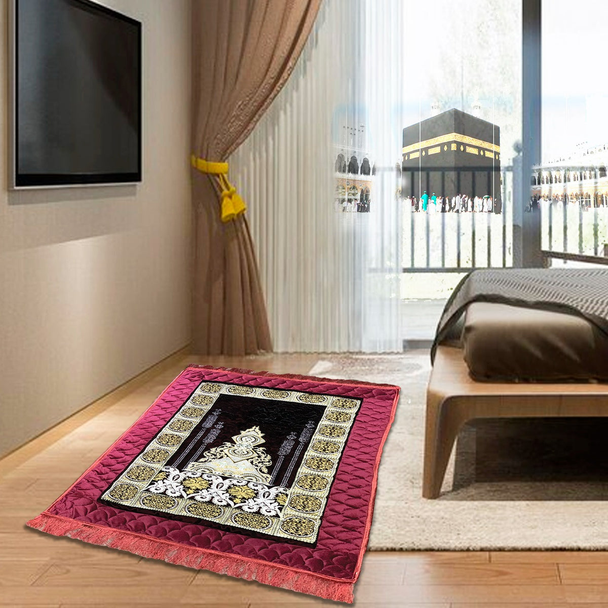 hand made embroided velvet prayer mat red