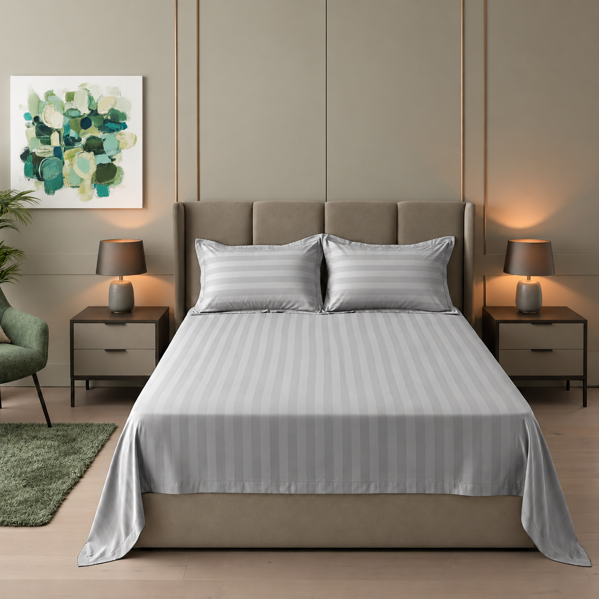 Cotton Sateen Stripe Bed Sheet Set - Silver
