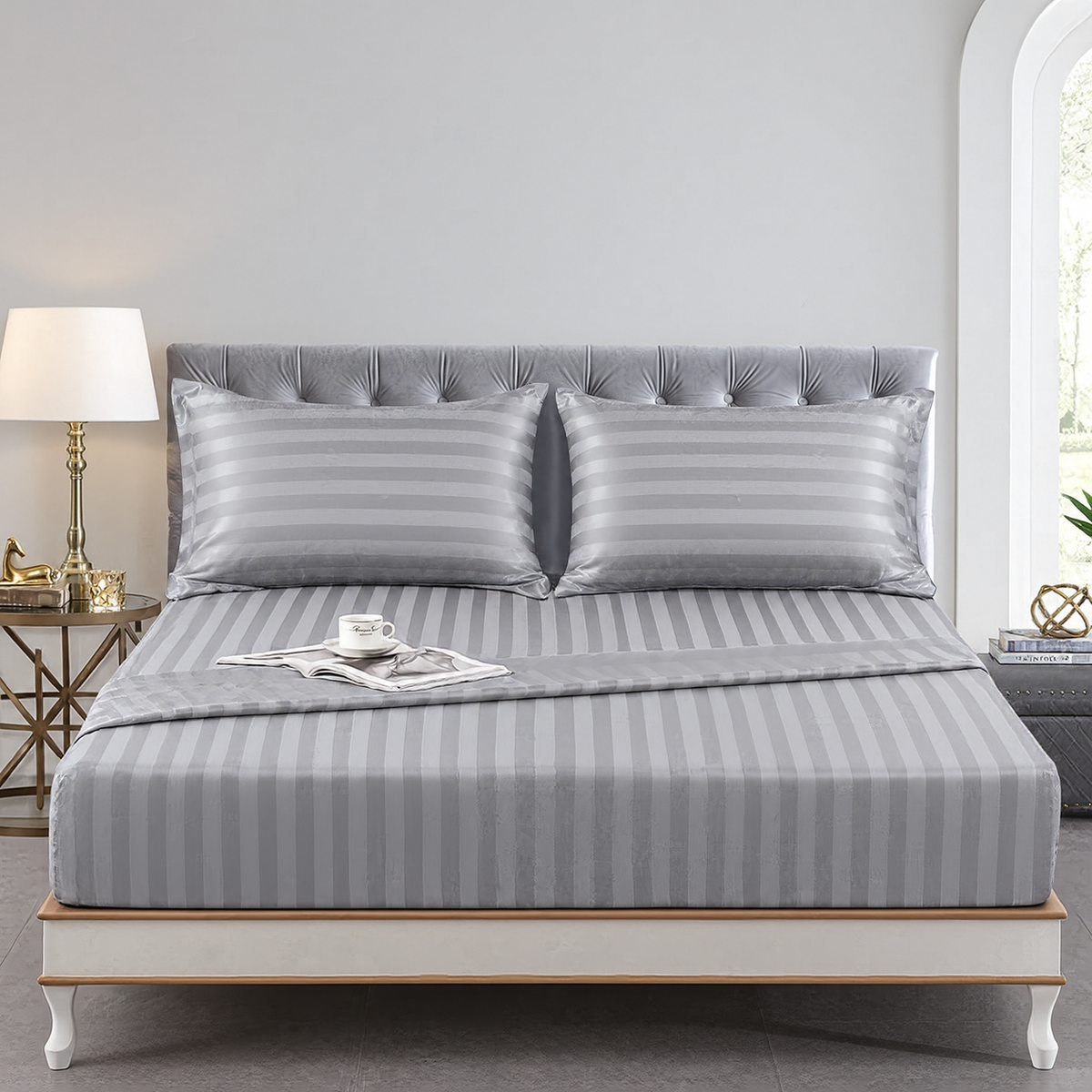 Cotton Sateen Stripe Fitted Sheet 3 Pcs - Silver