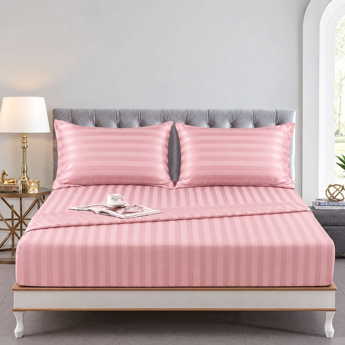 Cotton Sateen Stripe Fitted Sheet 3 Pcs - Pink