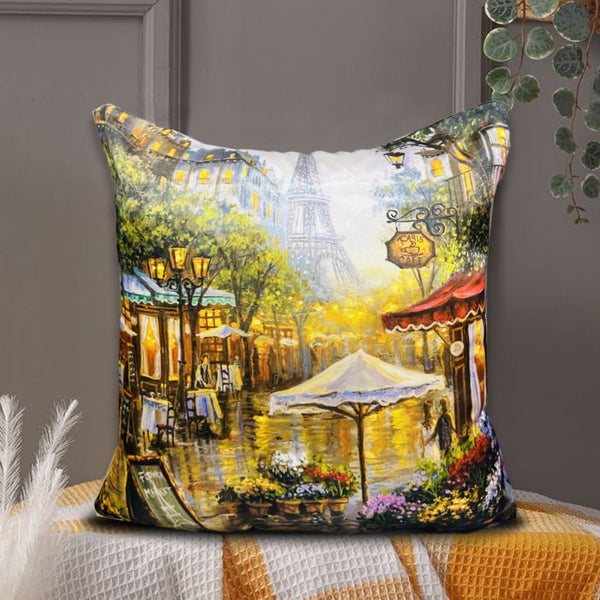 Digital Printed Silk Cushion Cover - Paris Cafe - Pack Of Two