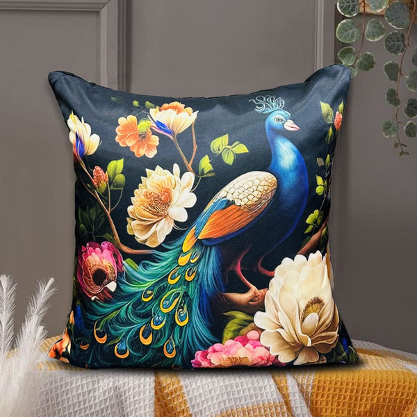 Digital Printed Silk Cushion Cover - Peacock