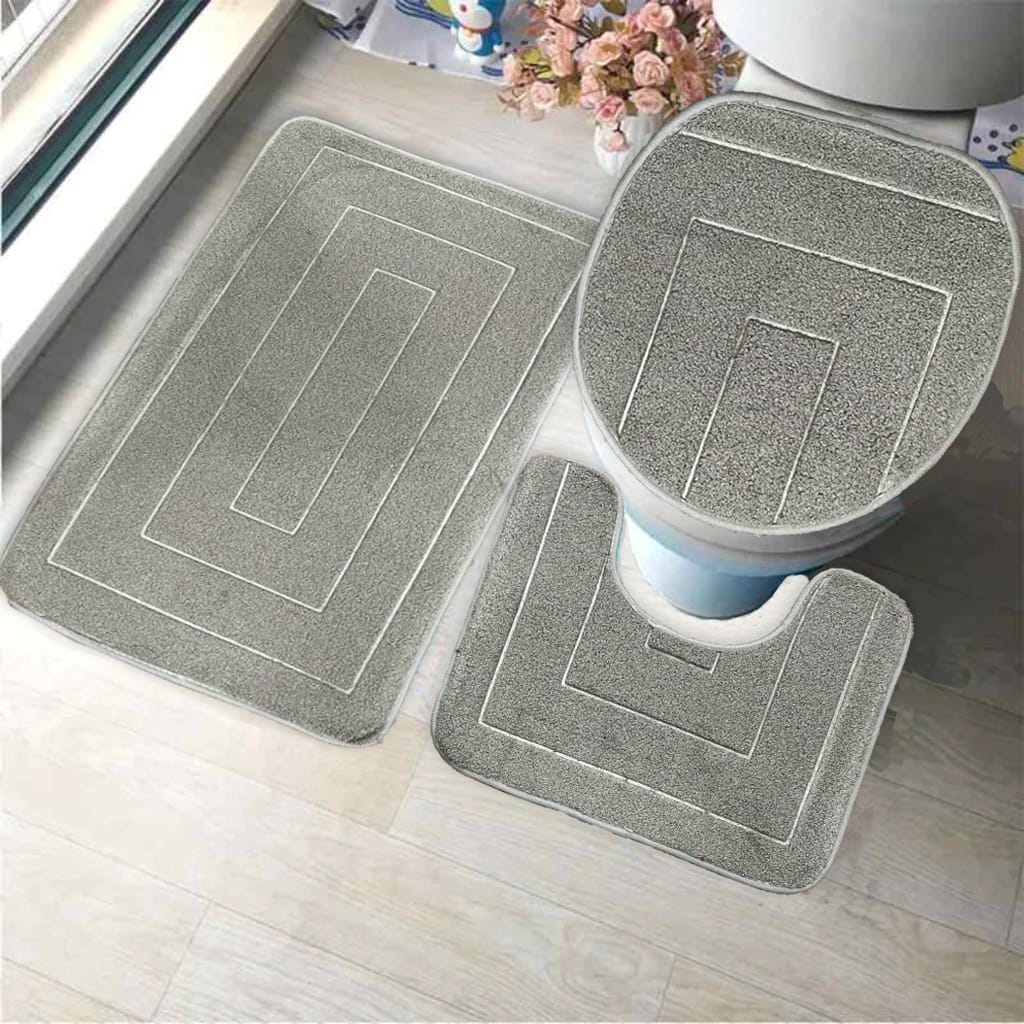 3 pcs bath matt set dark grey tile bath mat set.