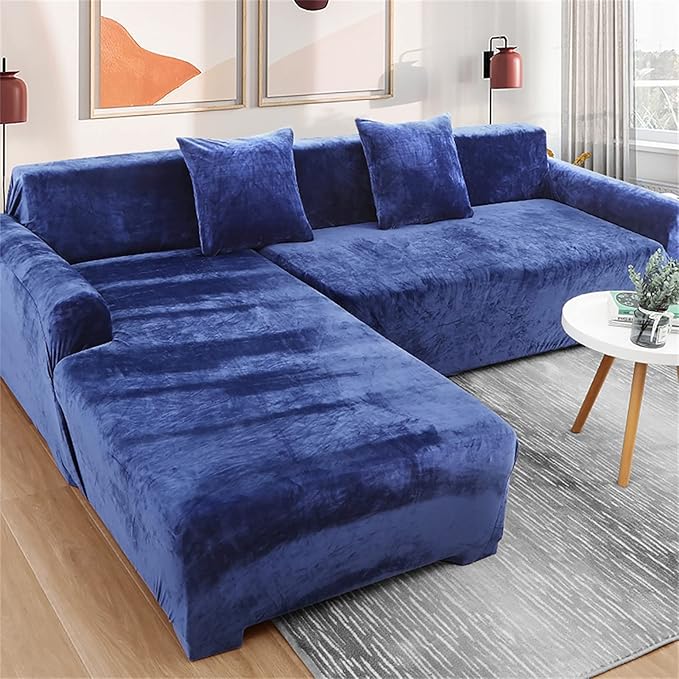 L Shape Velvet Plush Sofa Cover - Navy Blue