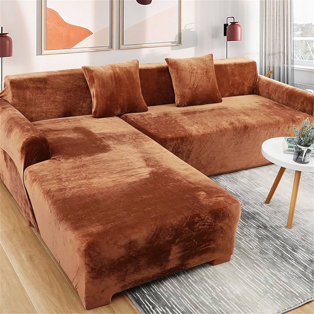 L Shape Velvet Plush Sofa Cover -  Camel Brown