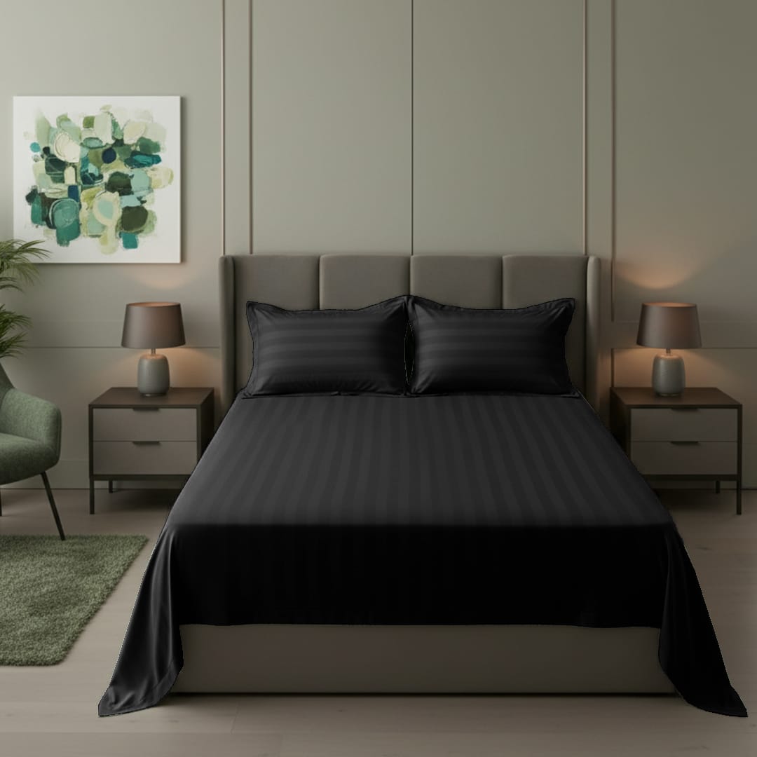 Cotton Sateen Stripe Bed Sheet 3 Pcs Black