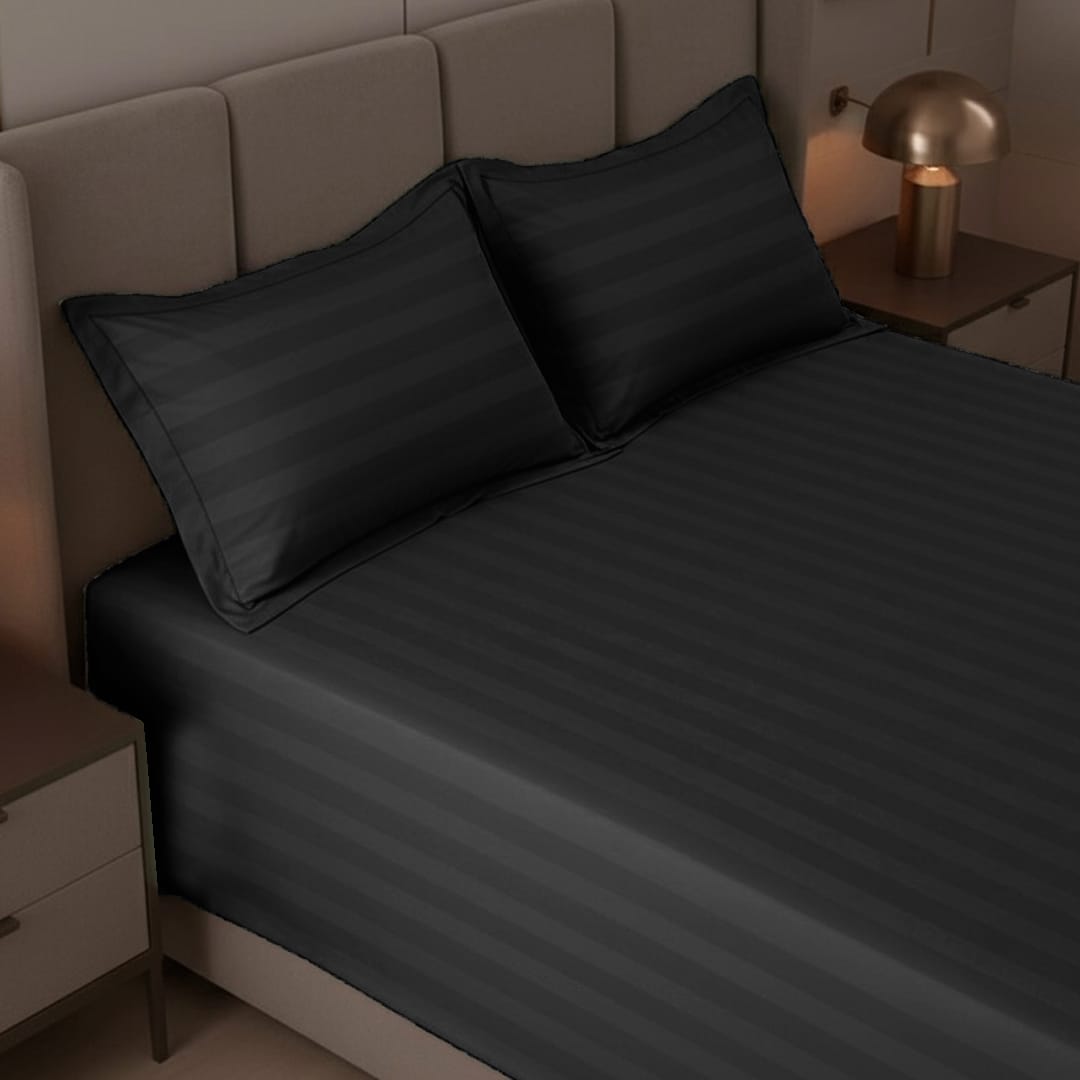 Cotton Sateen Stripe Bed Sheet 3 Pcs Black