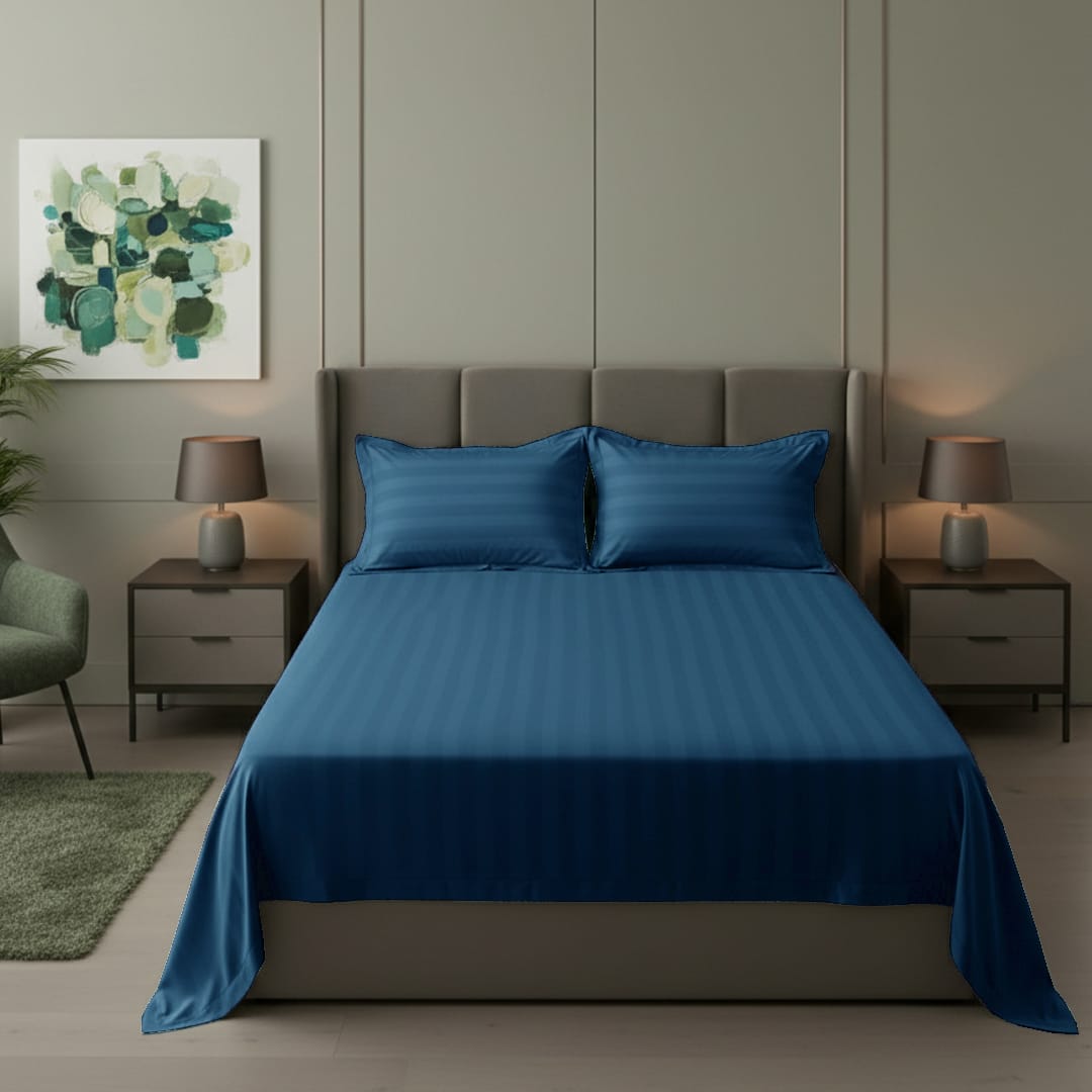 Cotton Sateen Stripe Bed Sheet 3 Pcs Blue