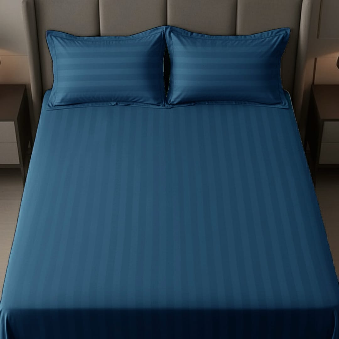 Cotton Sateen Stripe Bed Sheet 3 Pcs Blue
