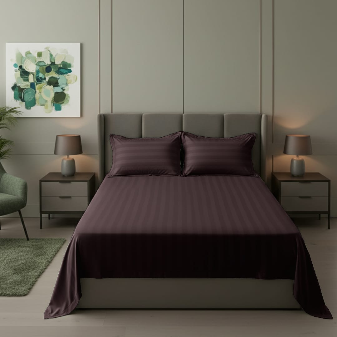 Cotton Sateen Stripe Bed Sheet 3 Pcs Brown