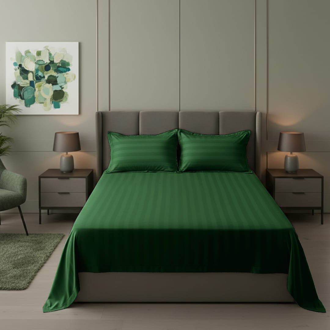 Cotton Sateen Stripe Bed Sheet 3 Pcs Green