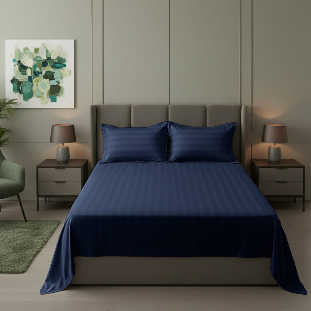 Cotton Sateen Stripe Bed Sheet 3 Pcs Navy Blue
