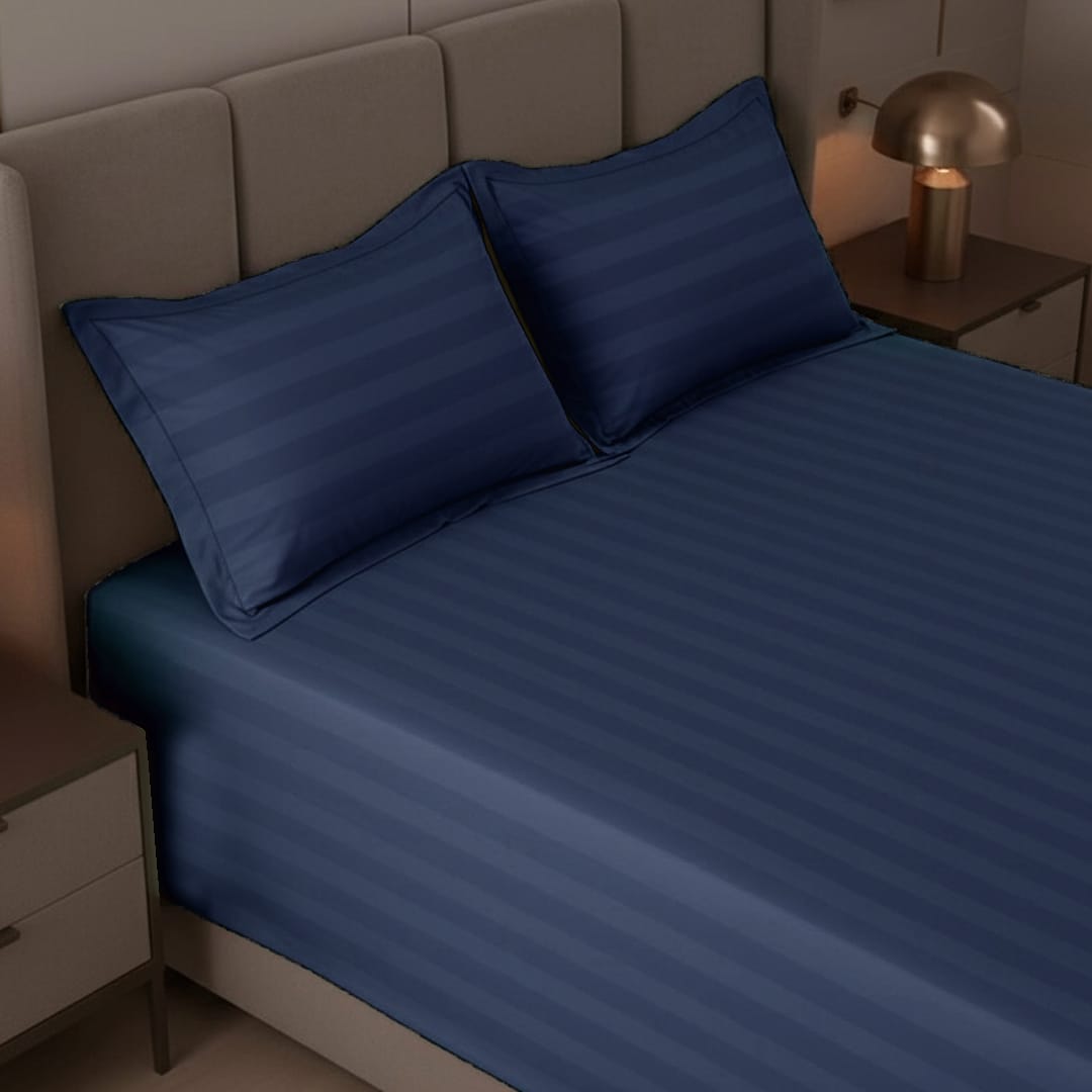 Cotton Sateen Stripe Bed Sheet 3 Pcs Navy Blue