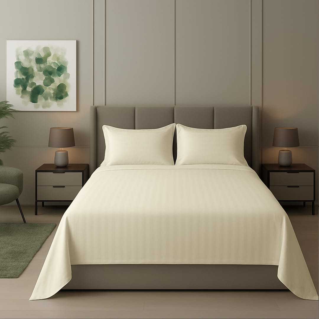 Cotton Sateen Stripe Bed Sheet 3 Pcs Off-White