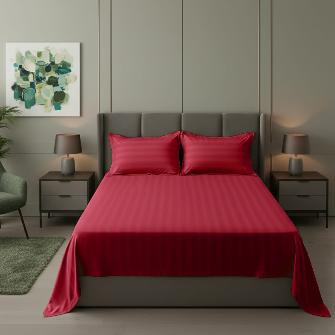 Cotton Sateen Stripe Bed Sheet 3 Pcs Red 