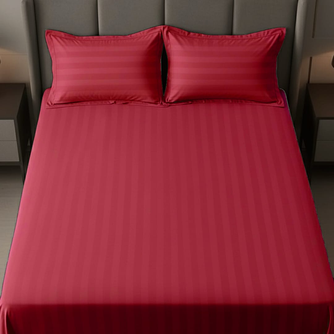 Cotton Sateen Stripe Bed Sheet 3 Pcs Red 