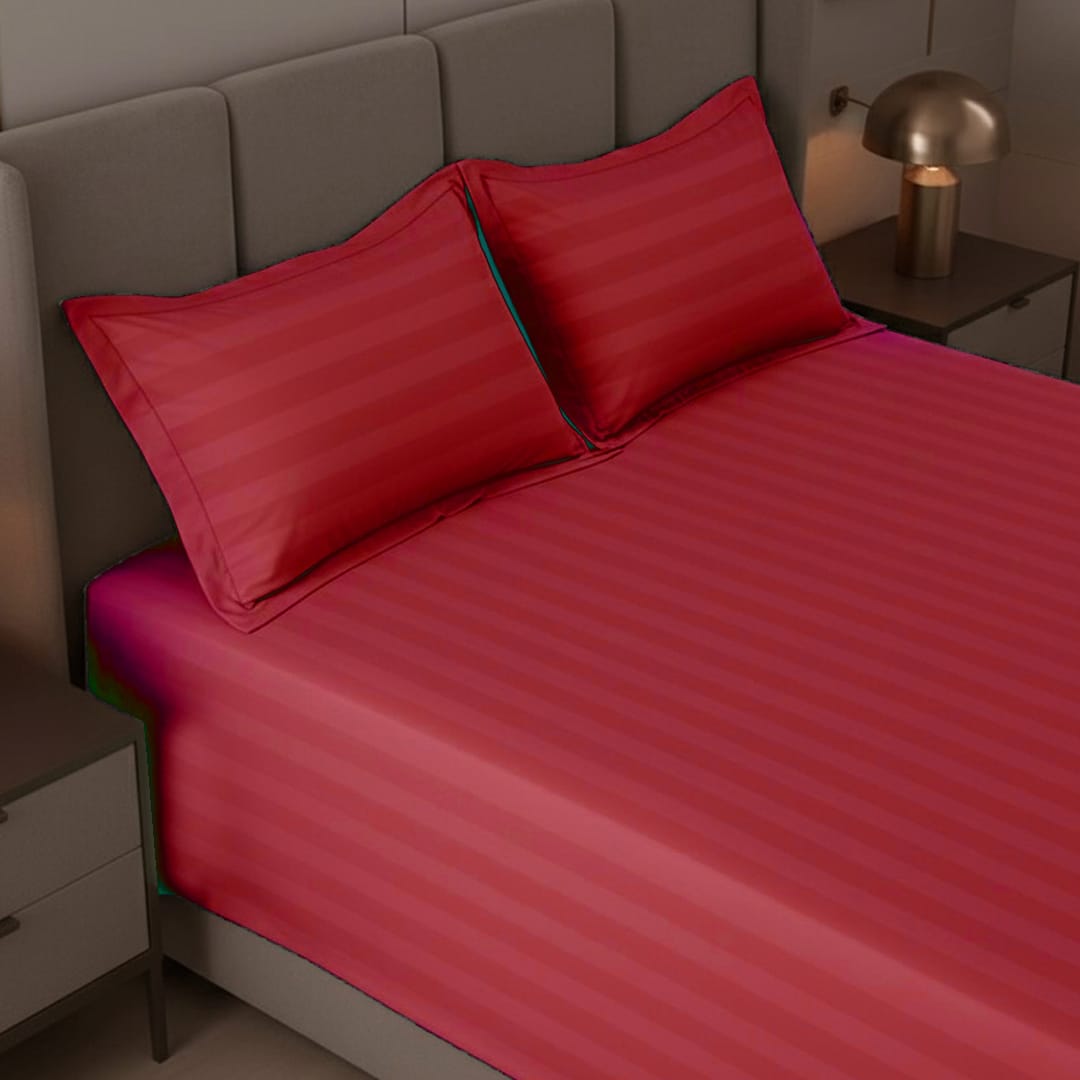 Cotton Sateen Stripe Bed Sheet 3 Pcs Red 