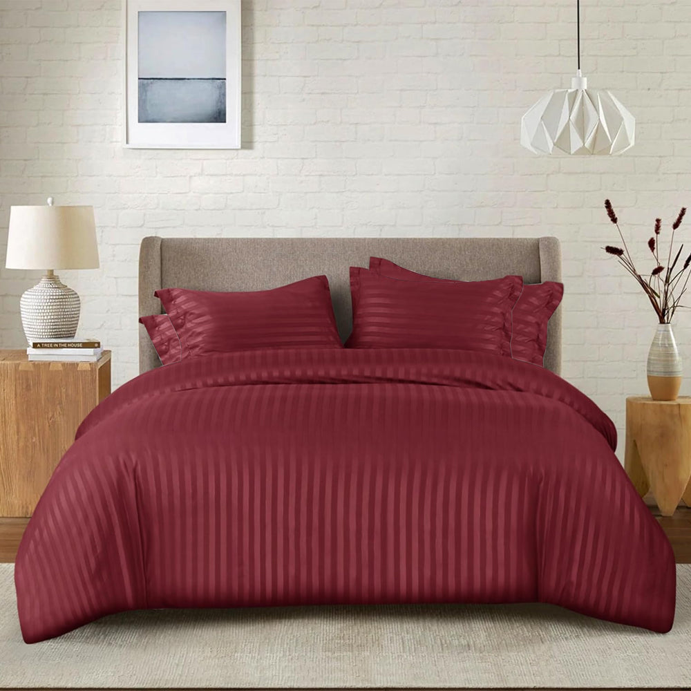 cotton satin stripe bed sheet set 6 pcs set maroon bed sheet set.