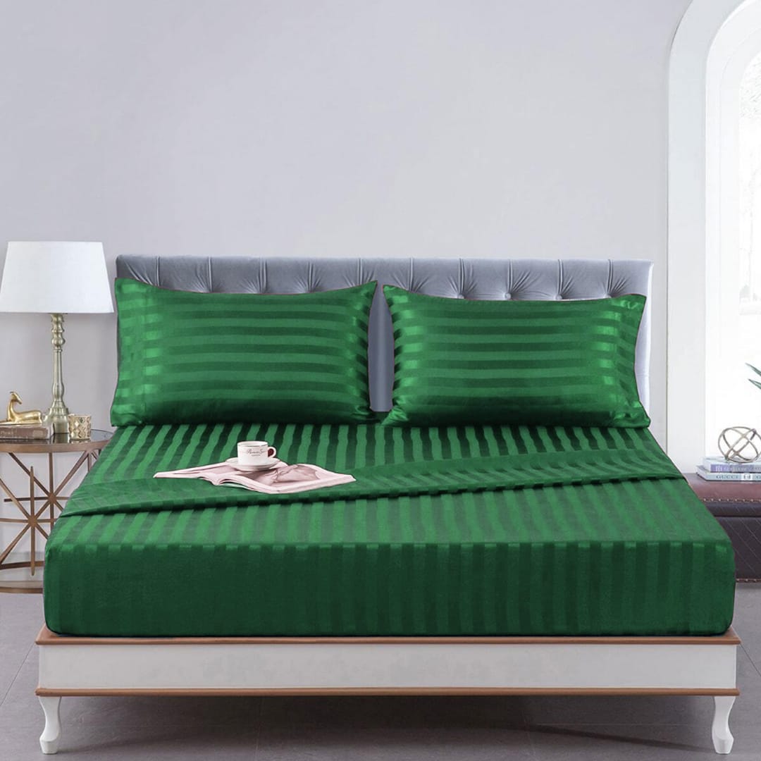 Cotton Sateen Stripe Fitted Sheet 3 Pcs Green 