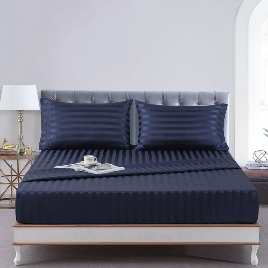 Cotton Sateen Stripe Fitted Sheet 3 Pcs Indigo 
