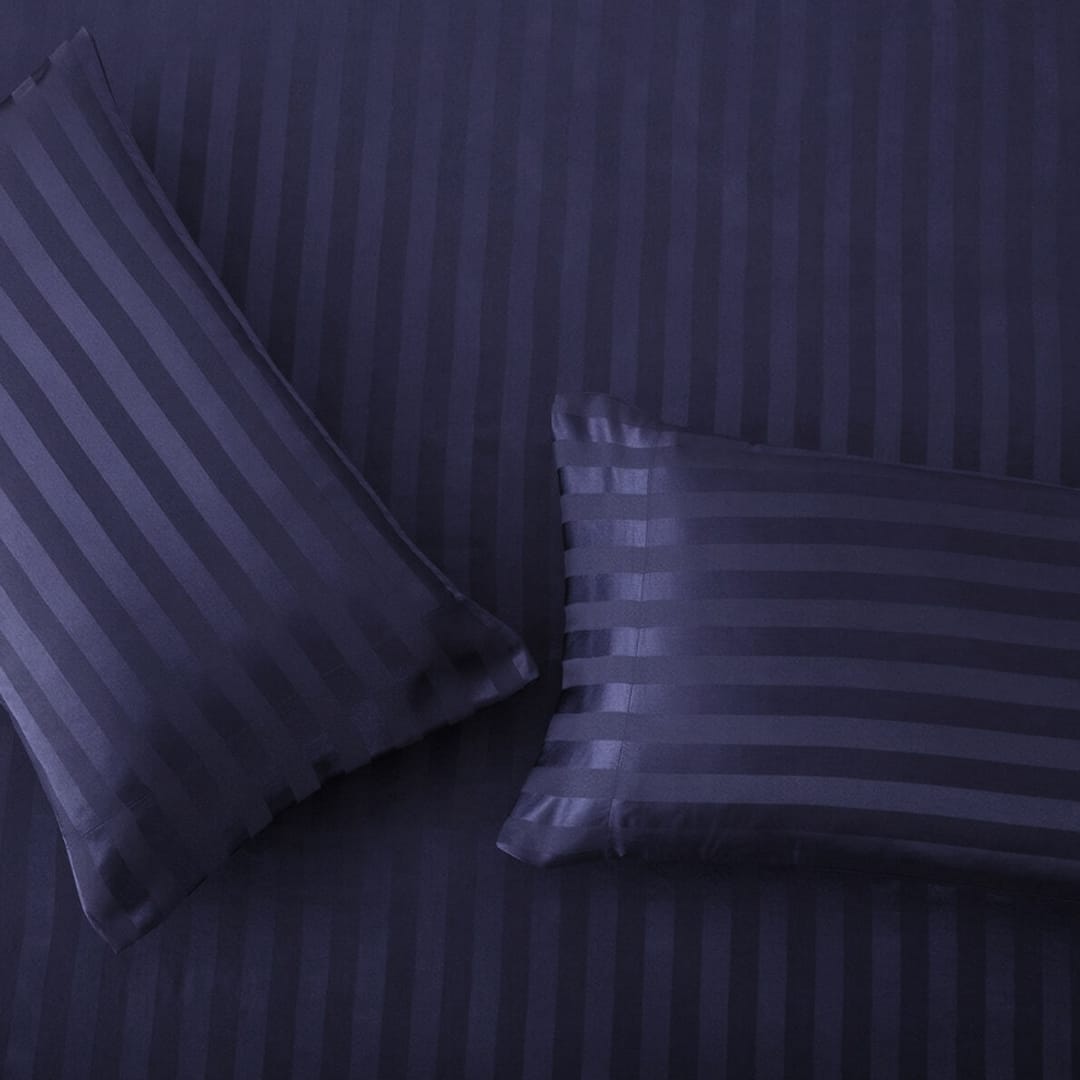 Cotton Sateen Stripe Fitted Sheet 3 Pcs Indigo 